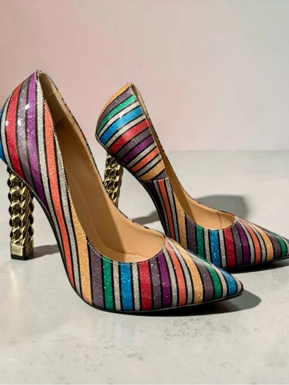 FSJ Rainbow Glitter Stripes Pumps with Gold Sculptural Heel - Picture 6 of 9